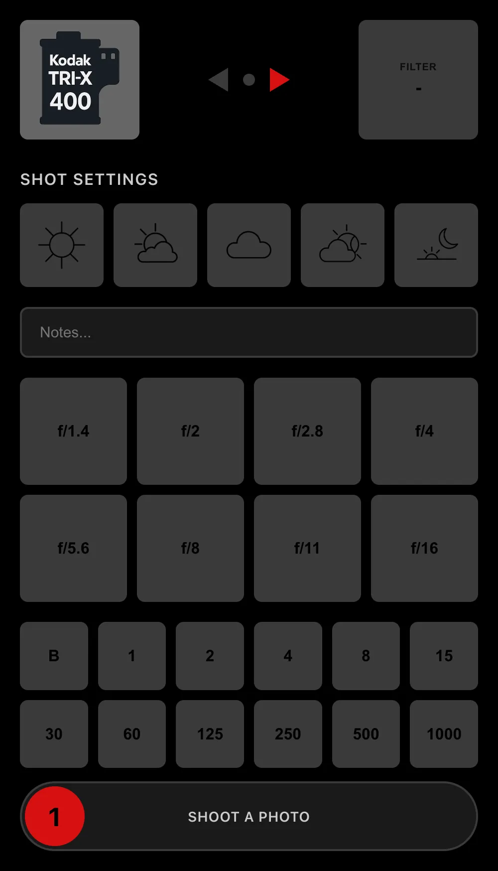 CamLog — the shot-logging screen