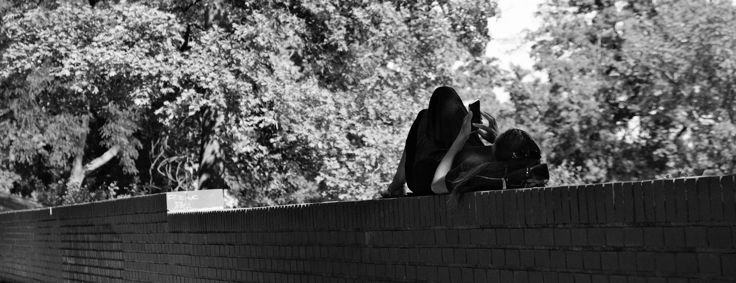 A couple embracing on top of a brick wall, seen from far off.